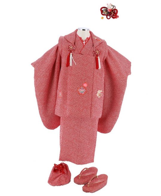 七五三 3歳女の子用被布[レトロシンプル](被布・着物)赤の総絞り風地に桜No.54H